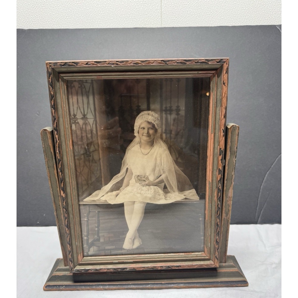 Antique 1920s Art Deco Wooden Swivel Picture Frame w/ Original Child Photo 8x10